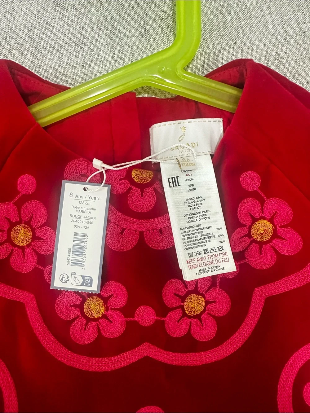 Jacadi Red Dress with Pink Floral Embroidery